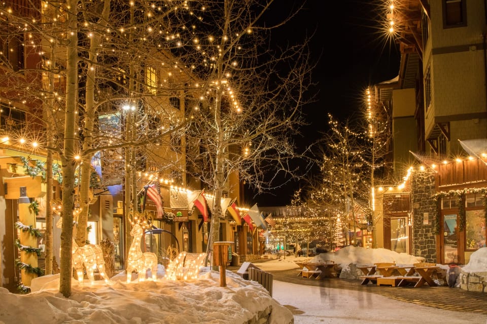Village Night Life, restaurants, shops, festive lighting.