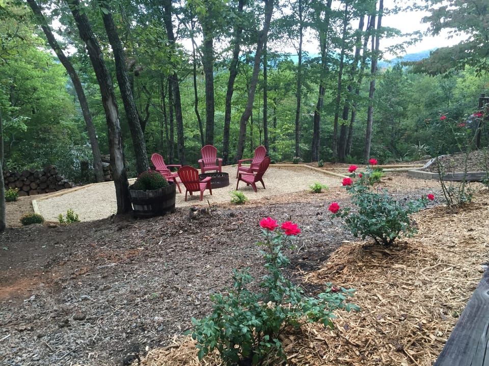 Fire pit area with mountain views. A black bear 🐻 recently visited guests here