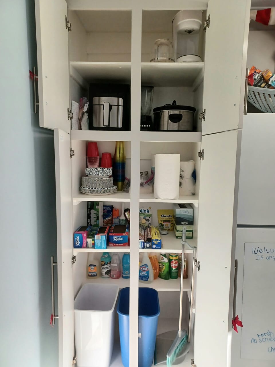 kitchen appliances, disposable eating supplies, cleaning,  trash,recycle, broom