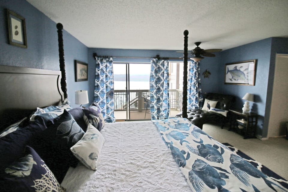 View of deck and lake off blue room