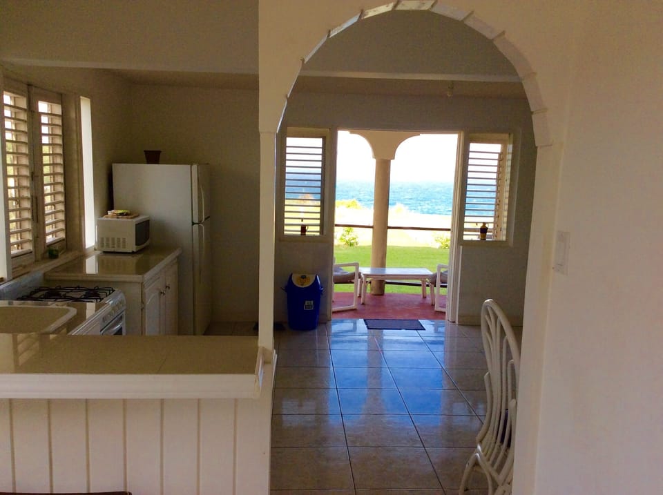 Open plan living area with well equipped kitchen.