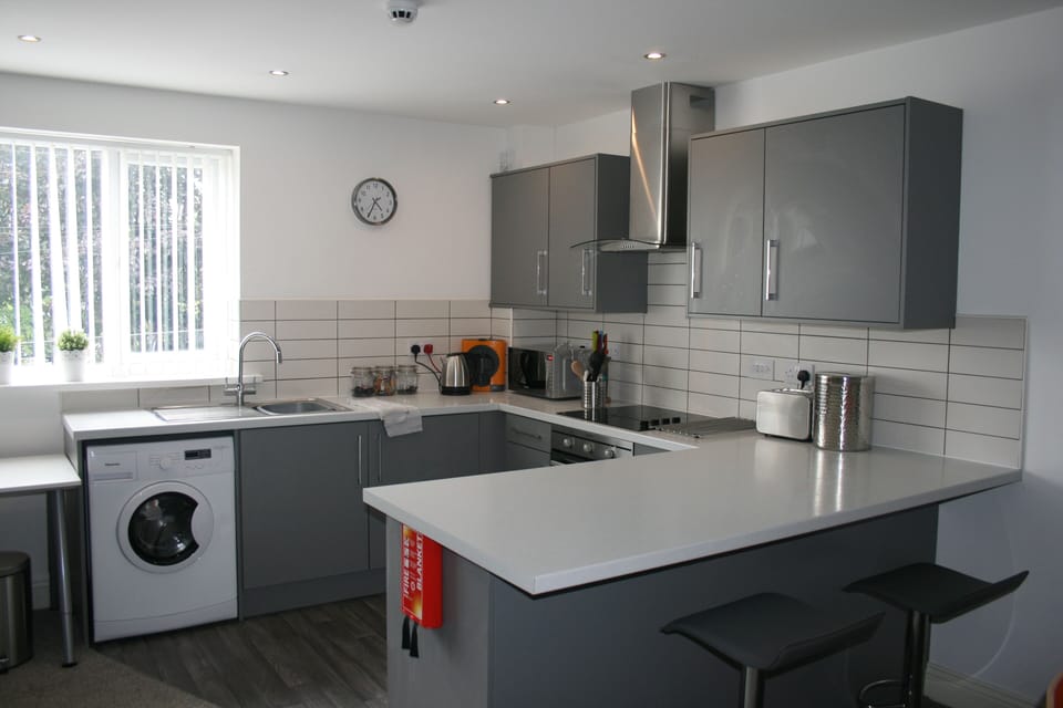 Fully equipped Kitchen with under counter fridge, freezer and washing machine.