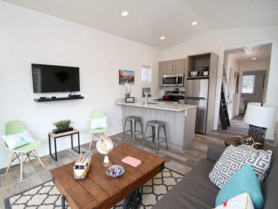 Living area and kitchen inside tiny home
