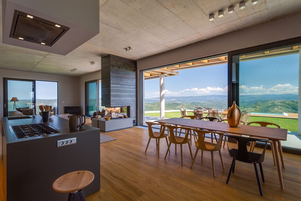 kitchen, dining, fire place and the living area