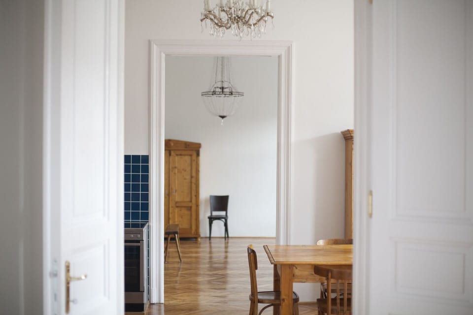view from one bedroom to the dining area and the other bedroom 