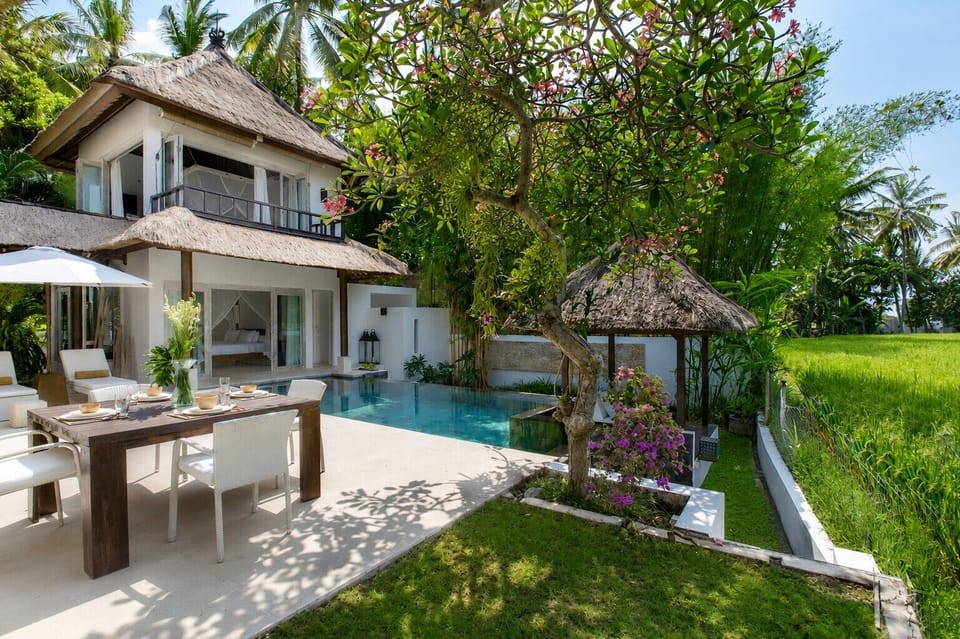 Surrounded by tropical gardens, with uninterrupted views across the rice fields.