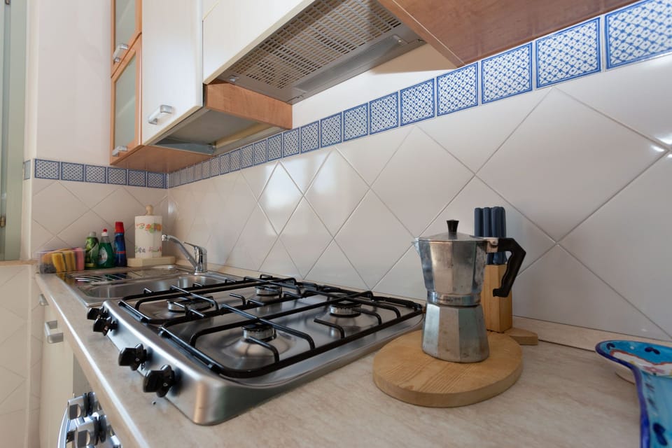 Detail of the kitchen, the 4-burner hob, oven and coffee machine