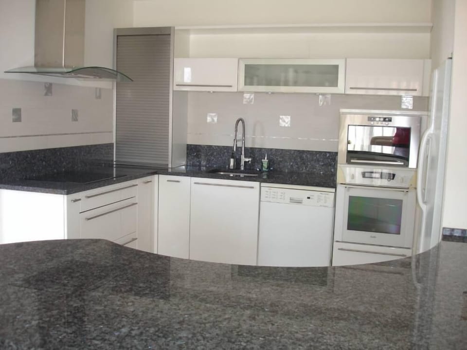 Open plan kitchen with a microwave, an oven, an induction cooker, a double-door
