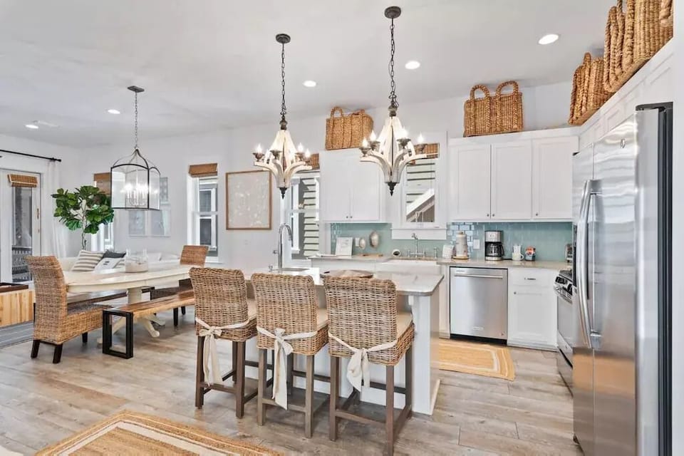 Enormous open concept kitchen, dining and living space. 