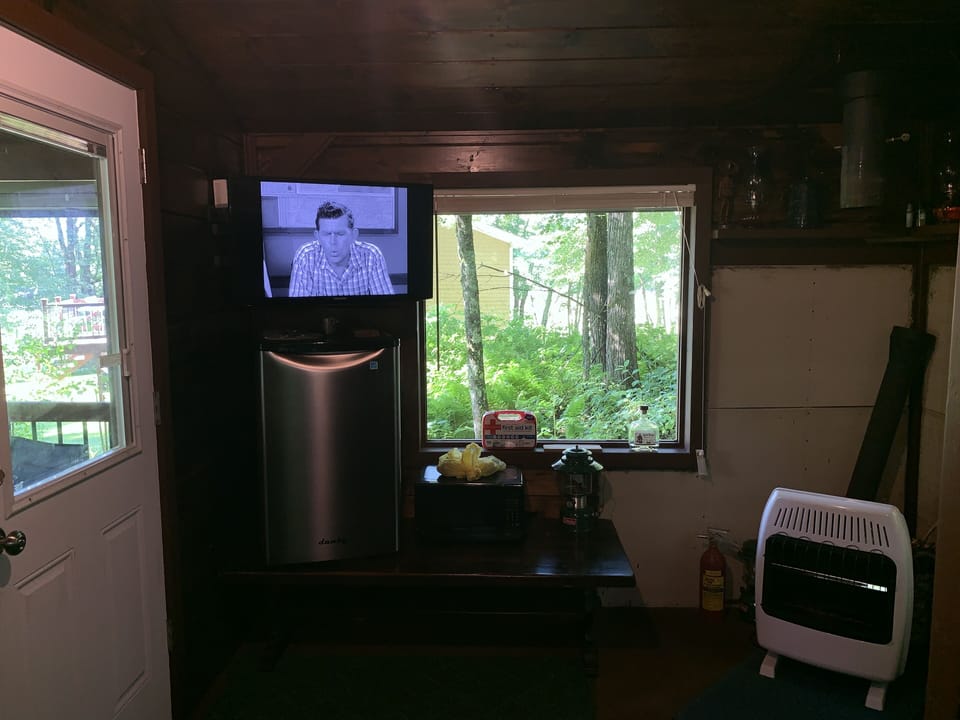 Good internet. Refrigerator.  Microwave oven and propane stove outside on porch.