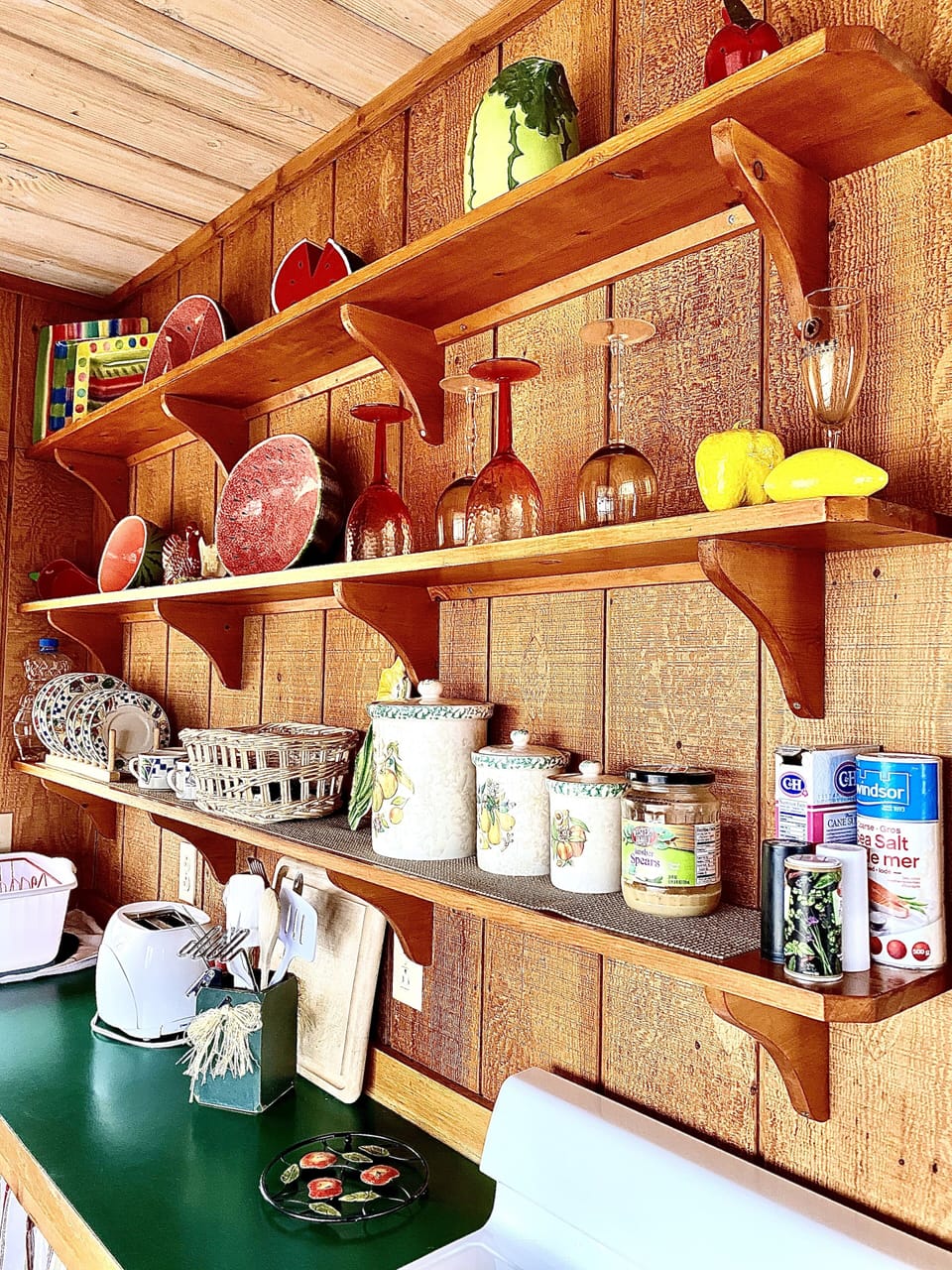 Shelves in the kitchen showing some of what we supply.