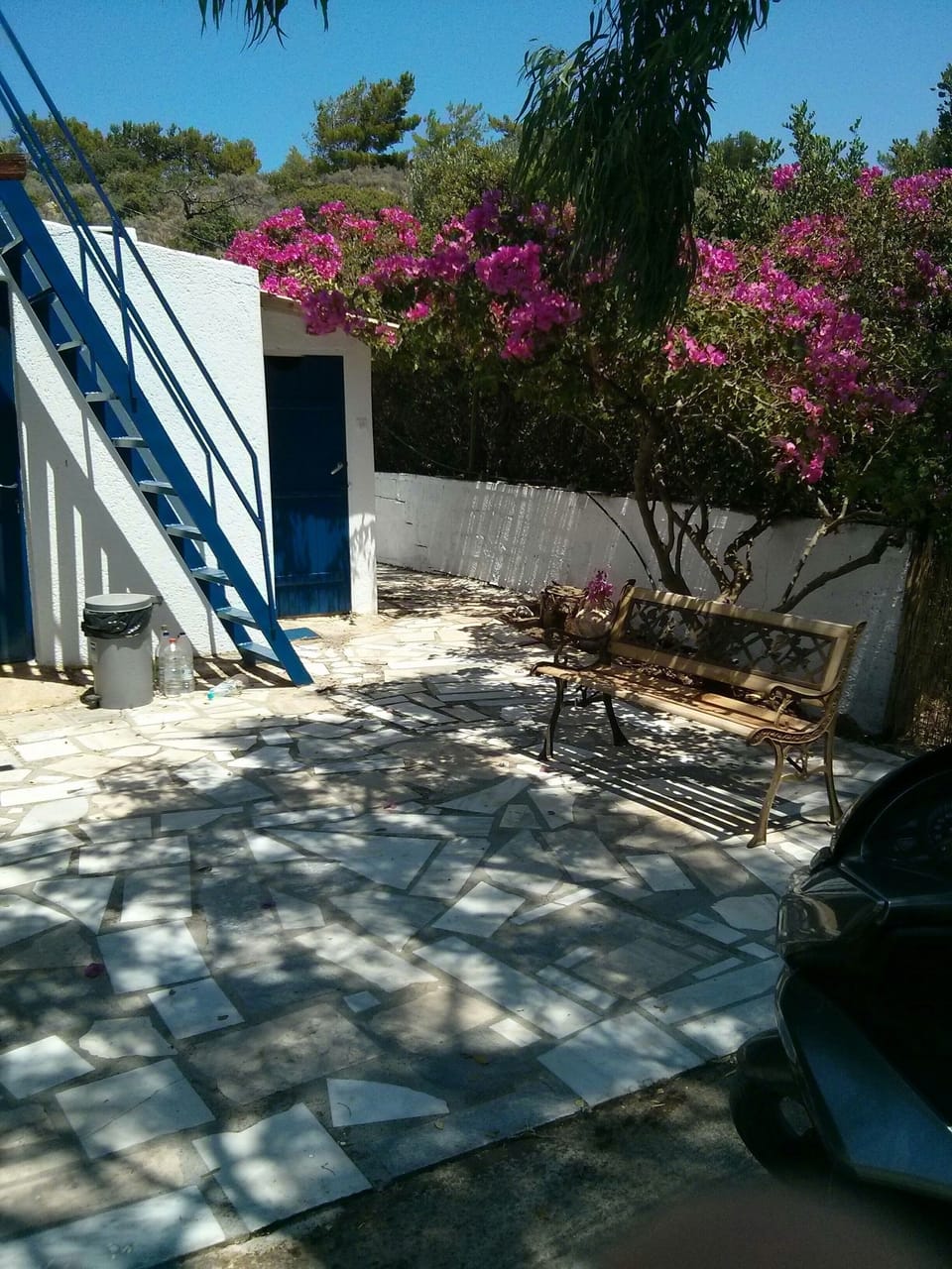 Outside area under the bougainvillea. Also stair leading to room upstairs shown.