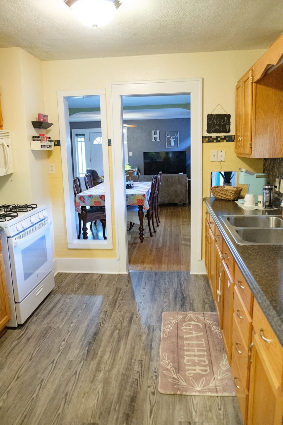 Kitchen enters into dining area.