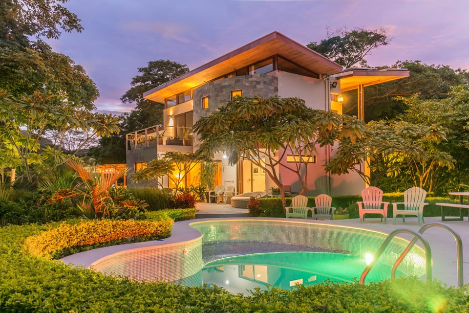 Villa Sadhana from the pool at dusk