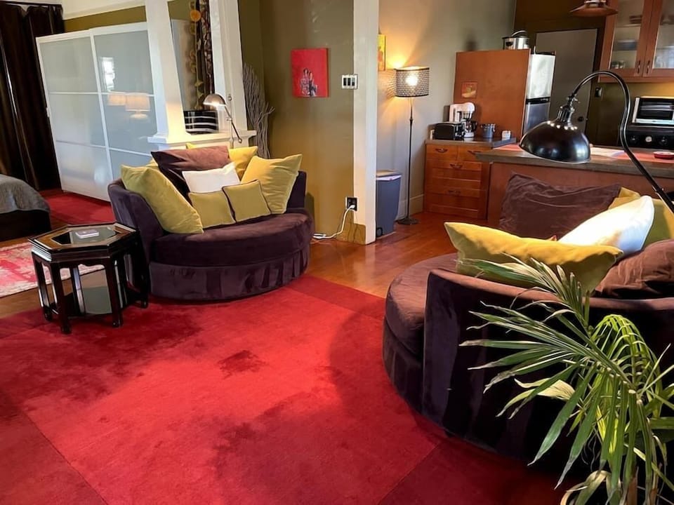 Open floor plan with two large rooms - bedroom on left, living room in middle with two round couches, kitchen to the right and bathroom in back of kitchen.