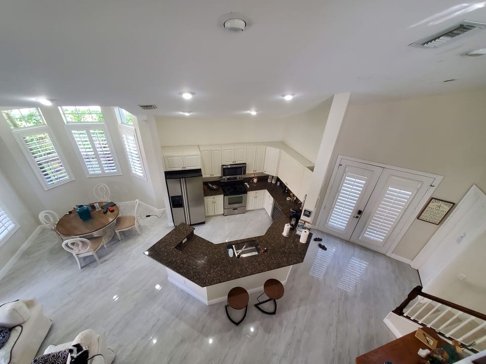 Aerial view of dining room & kitchen..