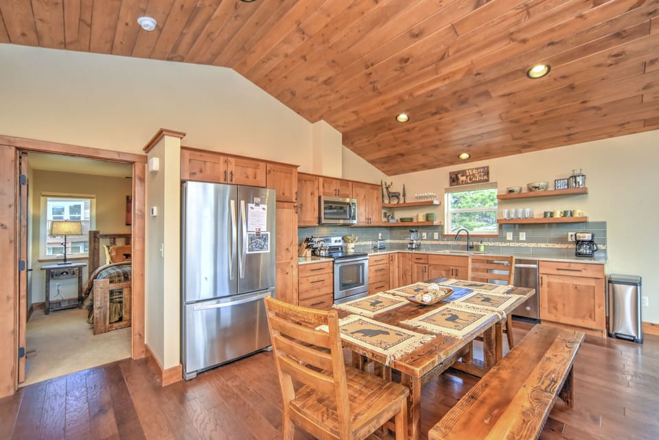 The dining table is built from Colorado Barnwood and seats 8 comfortably