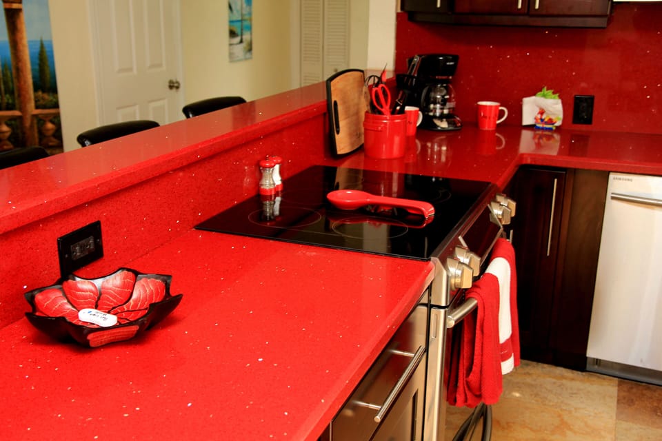 Red quartz countertops!