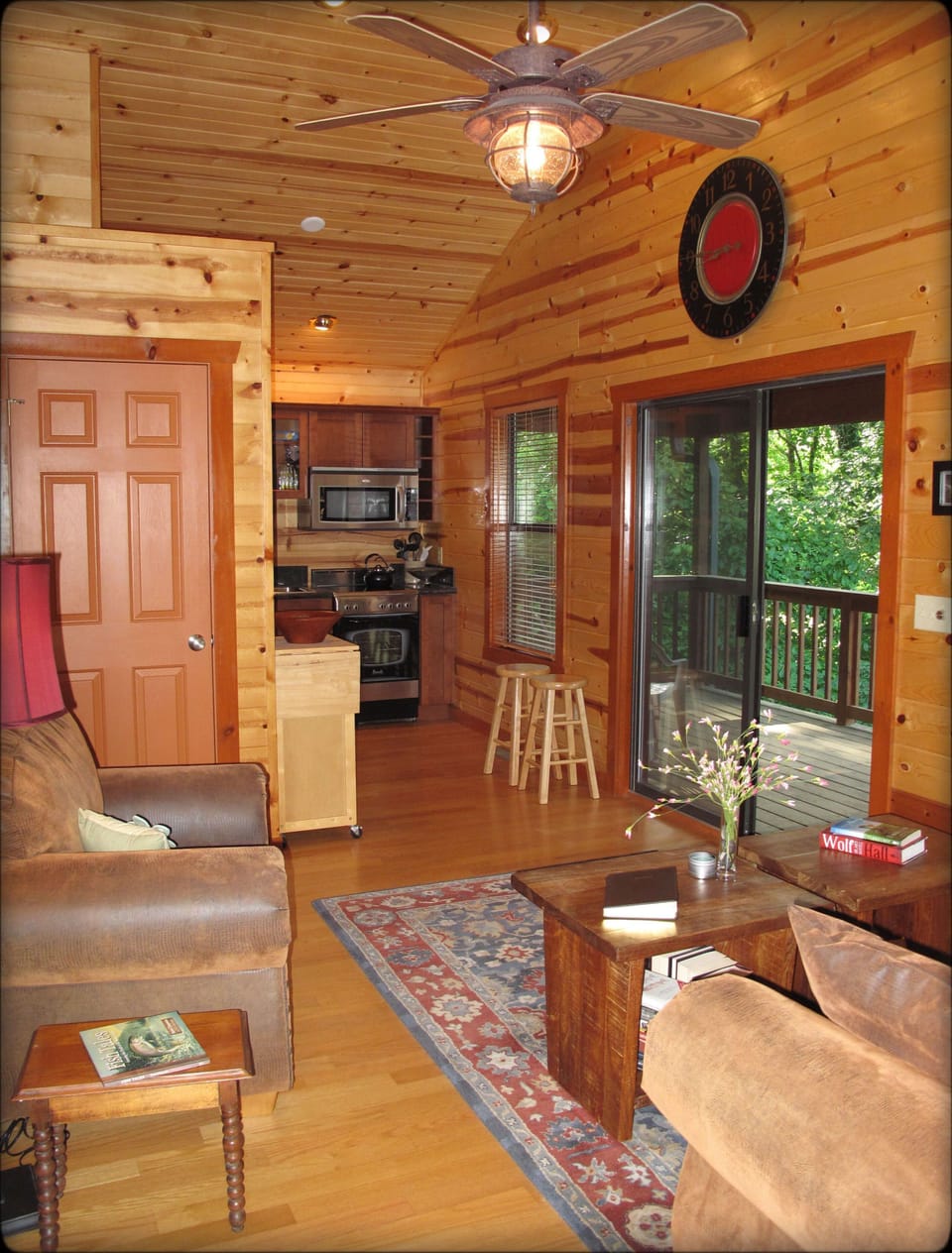 Cabin living area, kitchen, porch