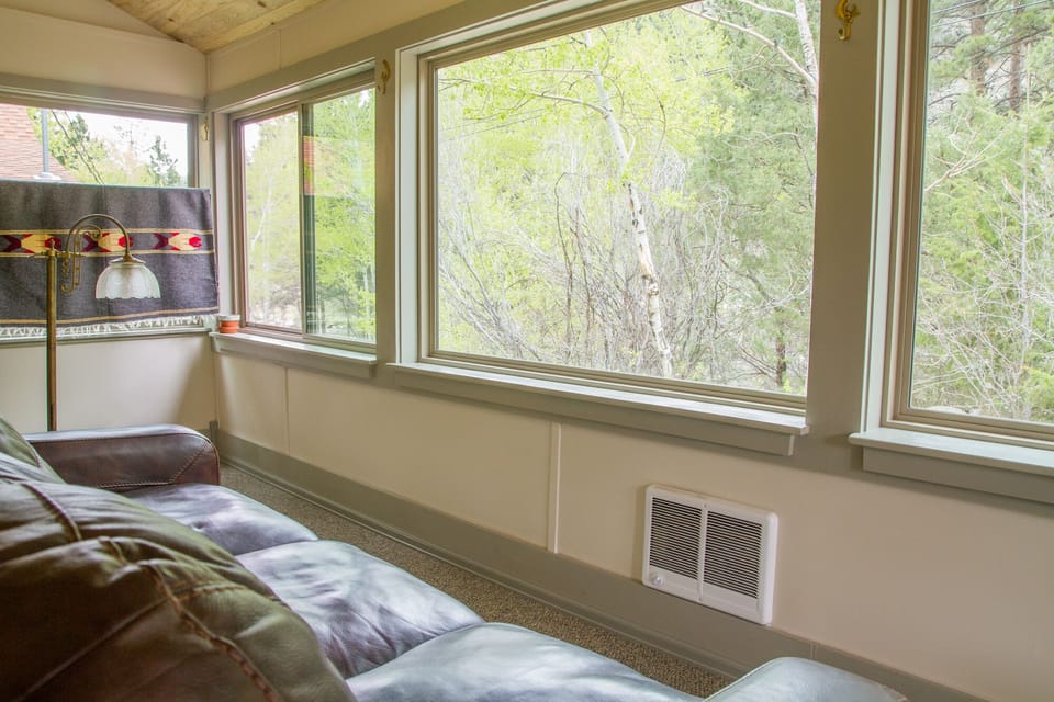 View of woods and a bit of the river from the year- around enclosed porch!