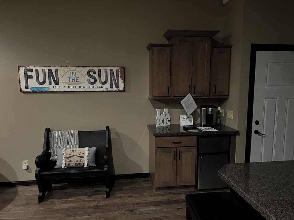 Desk and dining area. Dorm refrigerator.