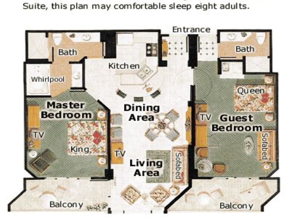 2 bathrooms, 2 kitchen, 8 beds, 2 balcony, 1 living room, clean service, 1200 ft