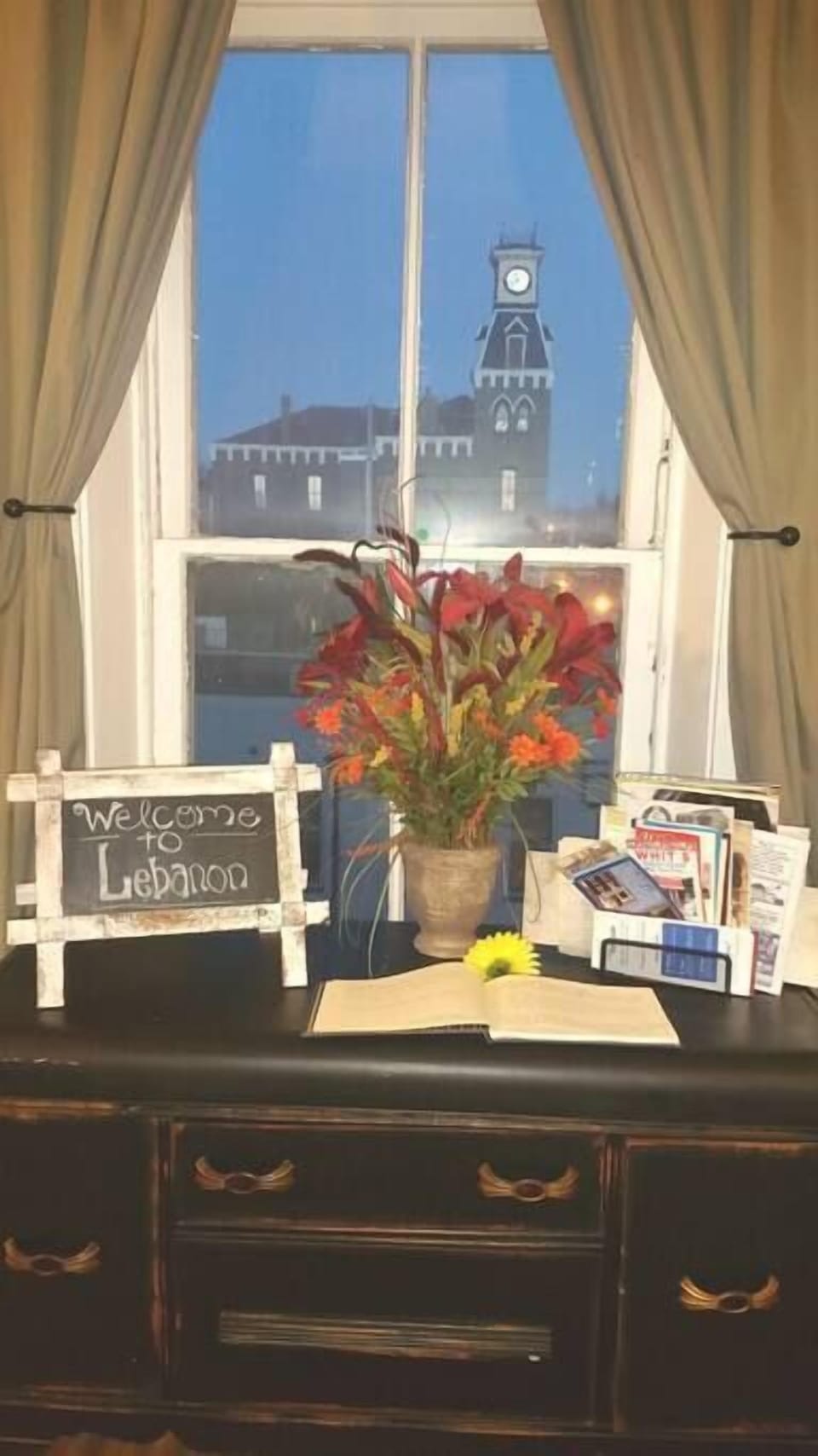 Guest book with menus from many local businesses and eateries in town.
