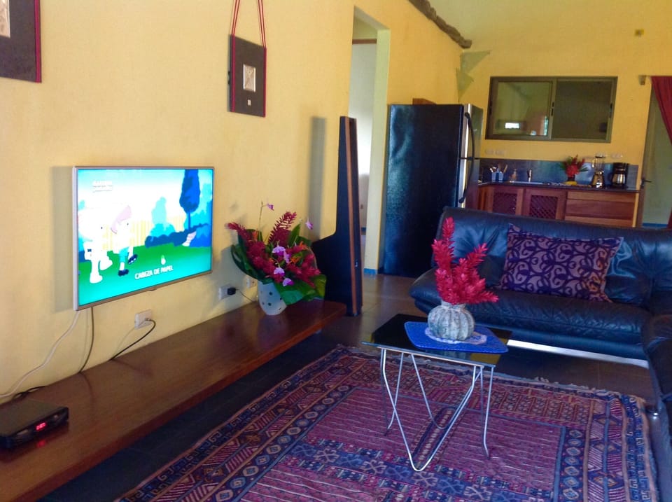 Living space with 49inch smart tv, and view to the kitchen.