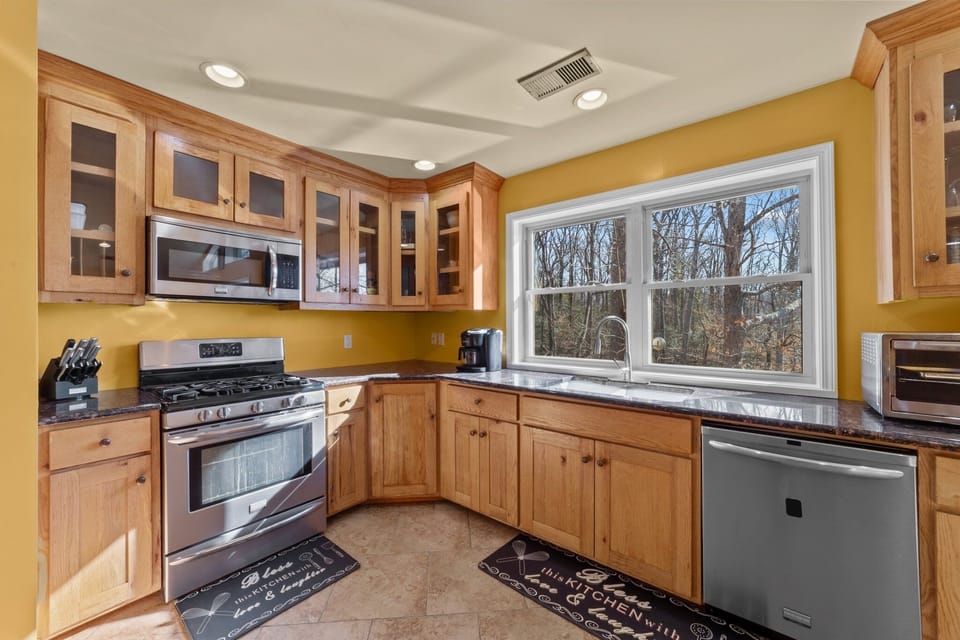 The red oak cabinets are made from trees  take from the property 