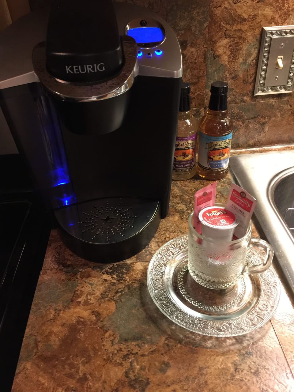 Keurig system and flavored syrups for coffee bar 