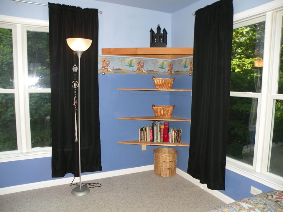 Corner shelves in Blue Room 