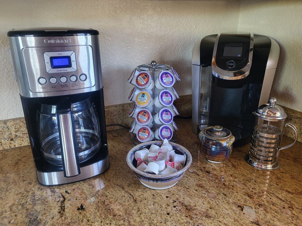 Drip, Keurig, French press,  coffee pods, creamers, sugars, grinder