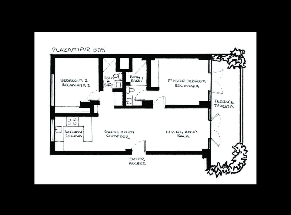 Sketched floor plan of our condo! Open concept common areas and two suites.