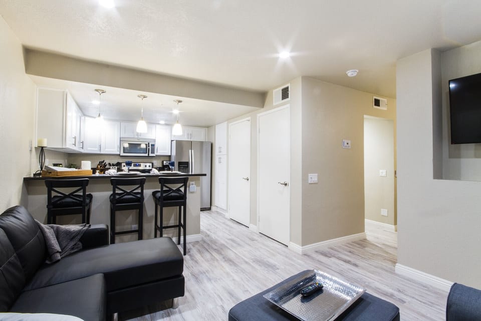 View from Living Room to Kitchen, Access to Bedroom is in the Right of the photo