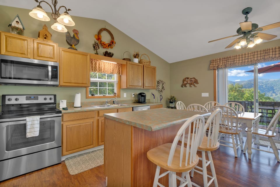 Fully stocked kitchen with lots of counter space and plenty of seating. 