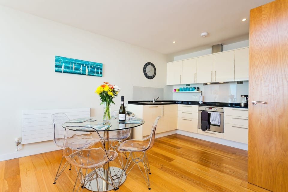 The kitchen is very well equipped and the dining area seats four