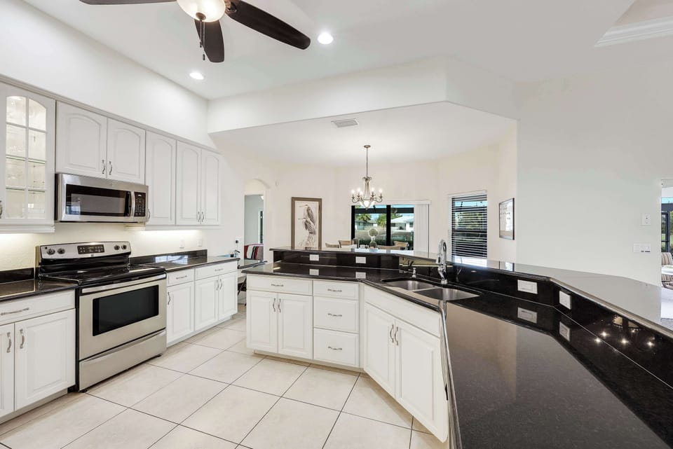 The kitchen is large with lots of counter top space