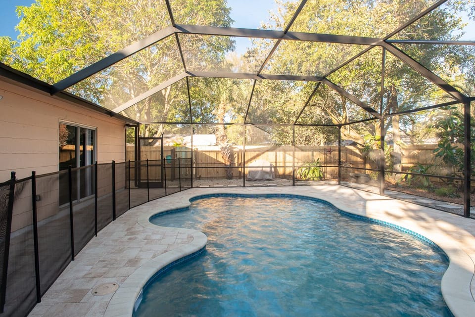 Caged pool seen from the east end of the pool