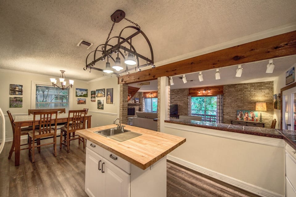 Spacious fully stocked kitchen with island.