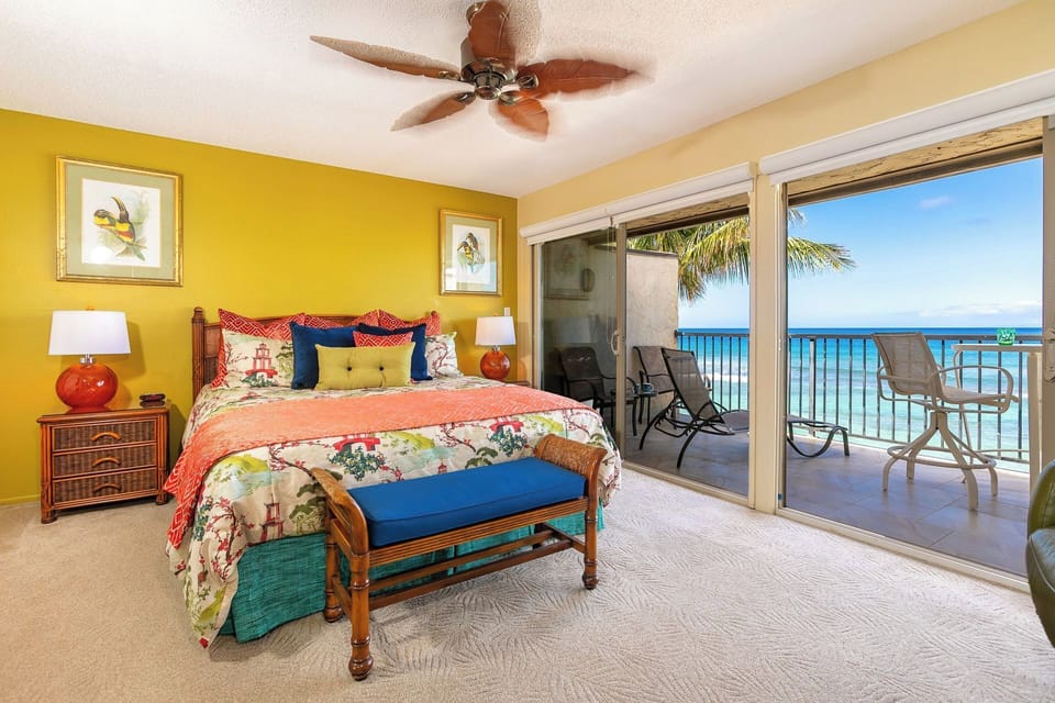 Spacious Master Bedroom with new contemporary furnishings and a private sun
balcony