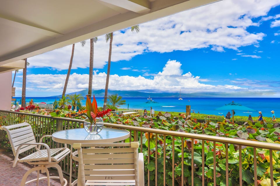 Oceanfront view and beautiful view of the island of Lanai from 102. Incredible year round sunsets!