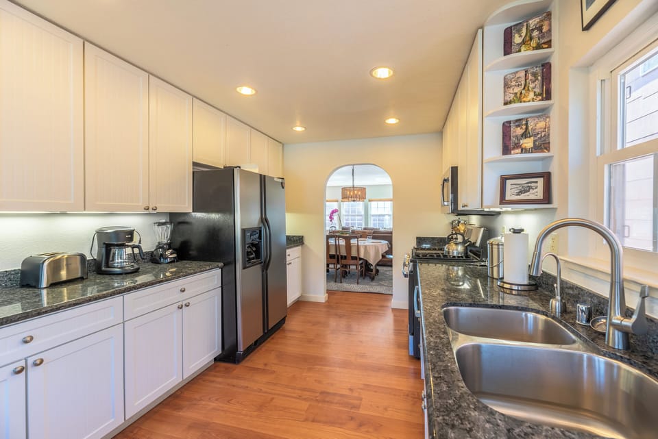 The galley kitchen is large and spacious