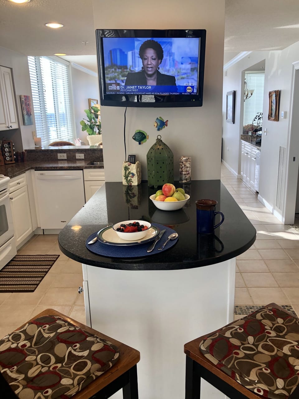 Breakfast Bar open to Gulf also makes a perfect work station.