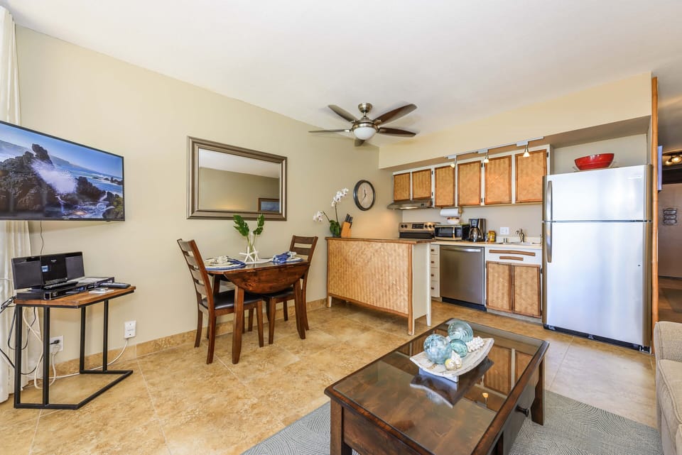 dining table and kitchen space