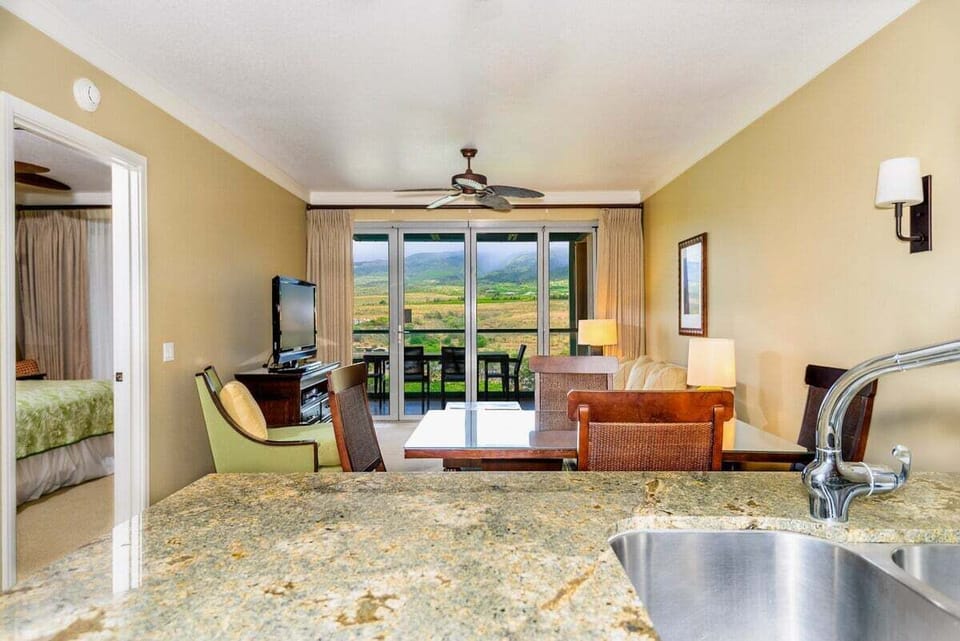 Enjoy the view of the mountains while preparing your meals