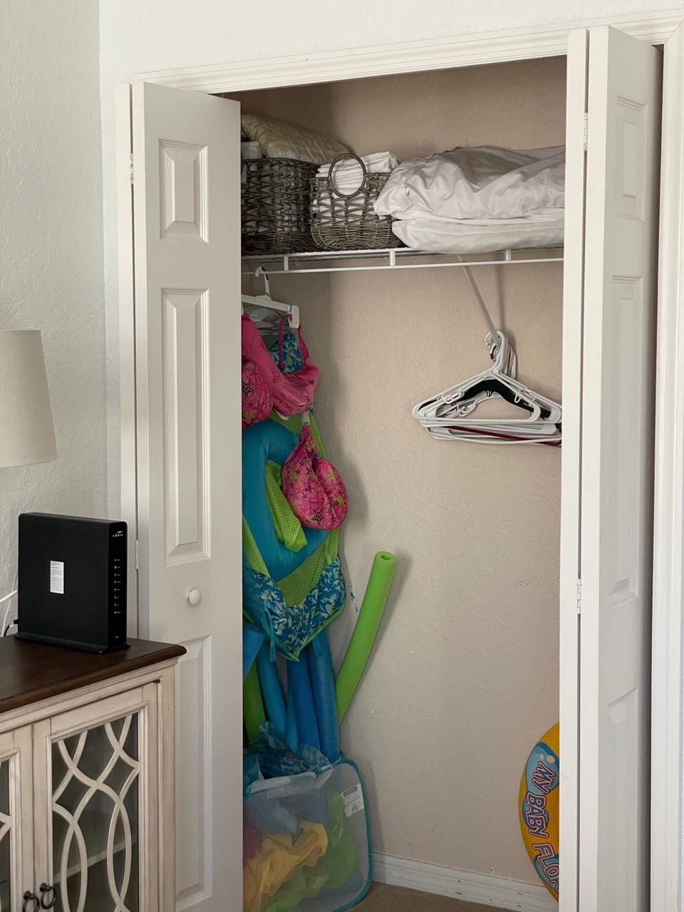 Extra linens, pack and play, pool vests, strollers. 