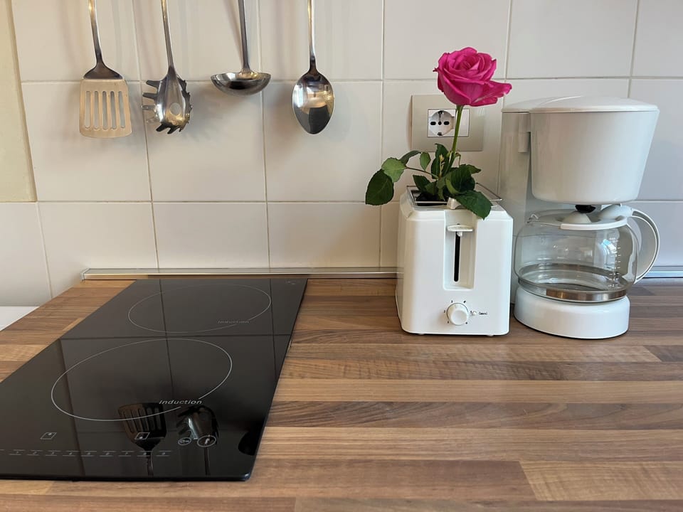 2-burner electric stovetop, toaster, American coffee maker, and more.