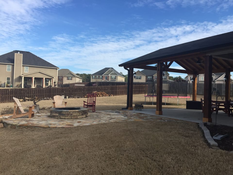 Large outdoor area with fire pit