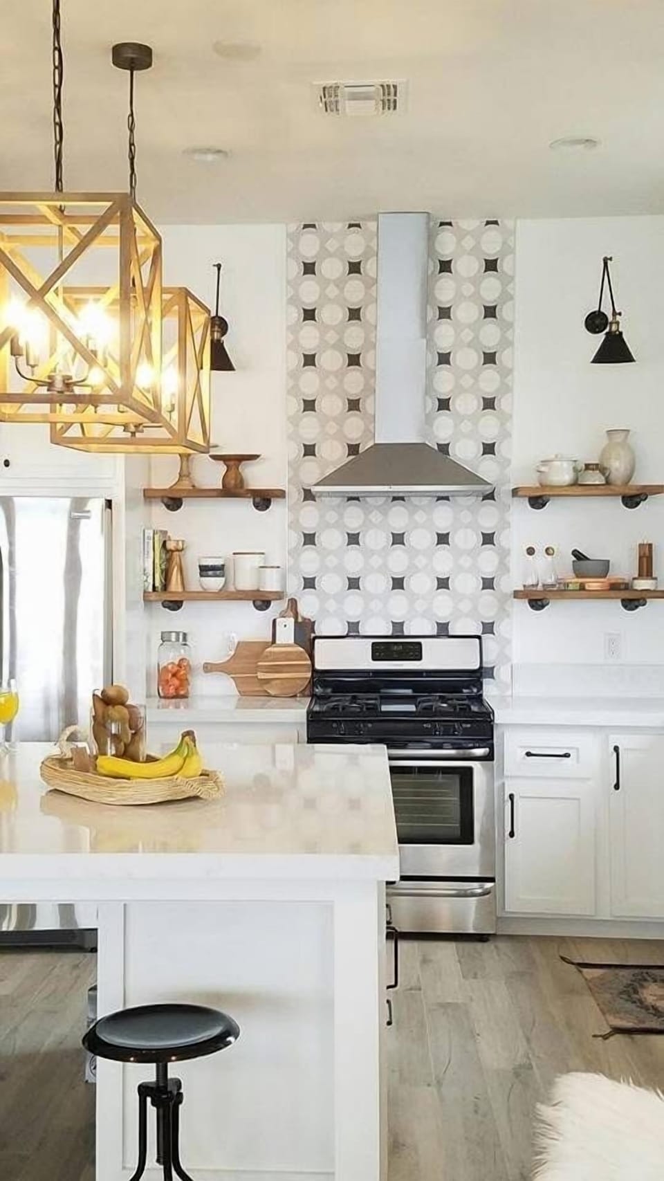 White kitchen desert modern with large square island and ample counter space