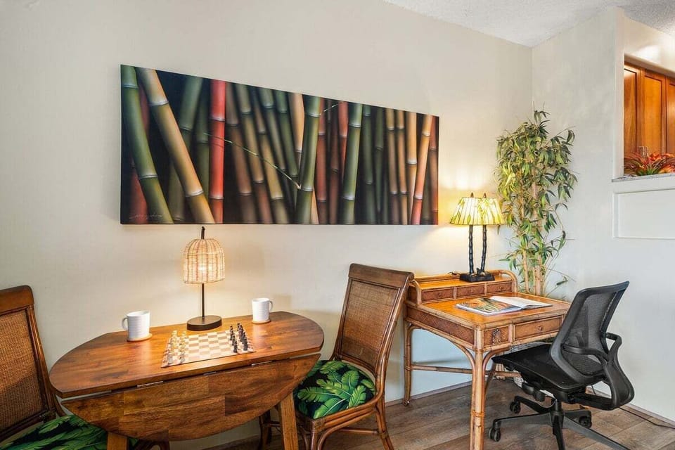 Dedicated workspace with stylish desk and vibrant wall art